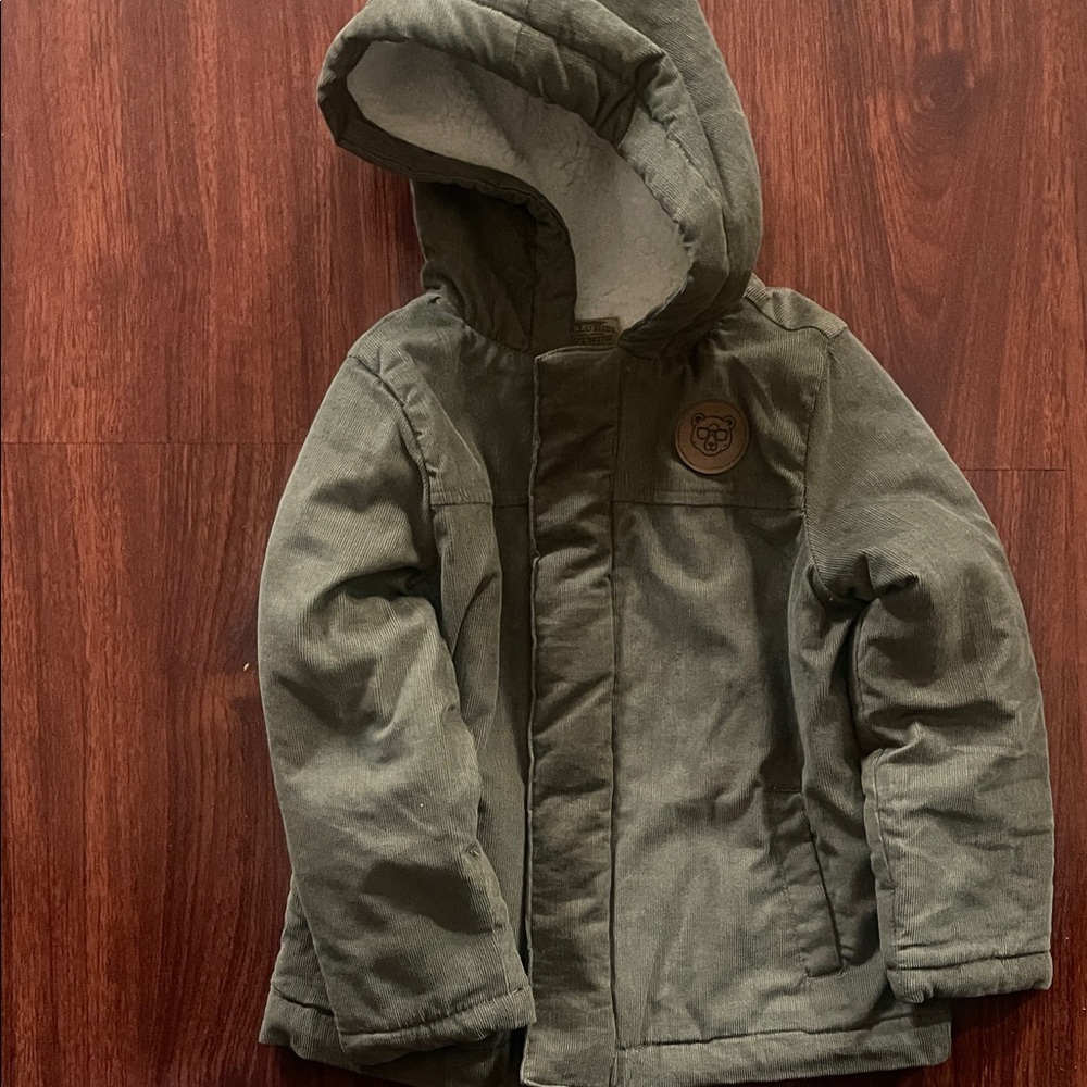 Olive Green Hooded Kids Winter Coat with Bear Patch